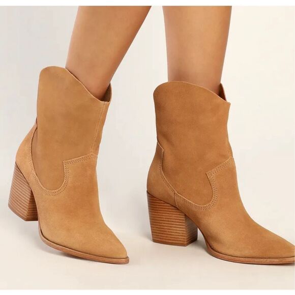 Schutz Tessie Honeycomb Suede Leather Mid-Calf Western Boots Tan Honeycomb New S